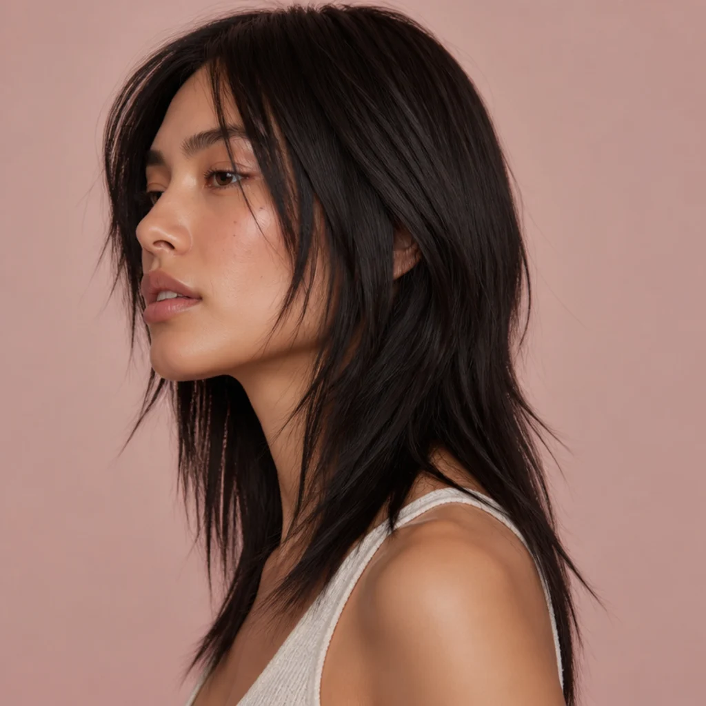 Side profile of a woman with pin-straight dark hair cut into long shag choppy layers with visibly textured, piecey ends