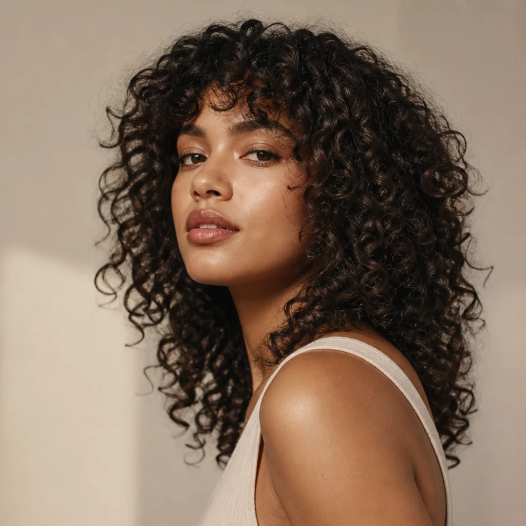 Three-quarter view of a woman with a long curly shag haircut, springy ringlets and piecey ends framing the face