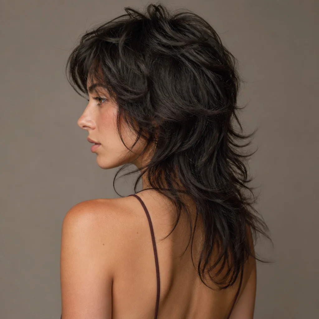 Back-and-side angle of a woman with a feathered wolf cut shag showing dramatic crown volume tapering into long feathered lengths