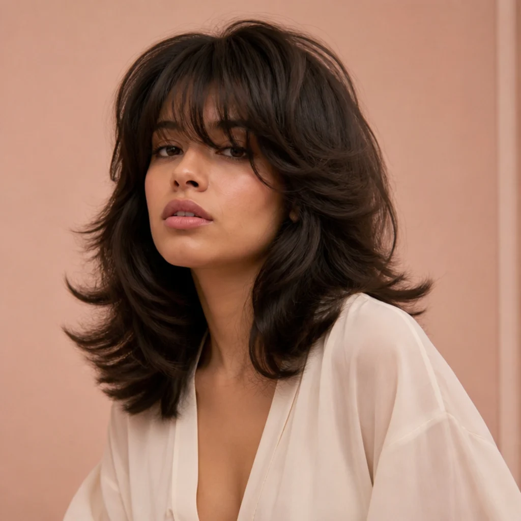 Vintage-styled three-quarter shot of a woman with a 70s Bardot shag, full bouncy crown and flipped-out feathered layers