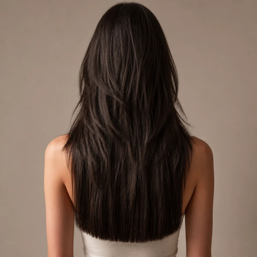 Back view of a woman with long shag straight hair, a nearly blunt perimeter beneath softly textured upper layers in espresso brown