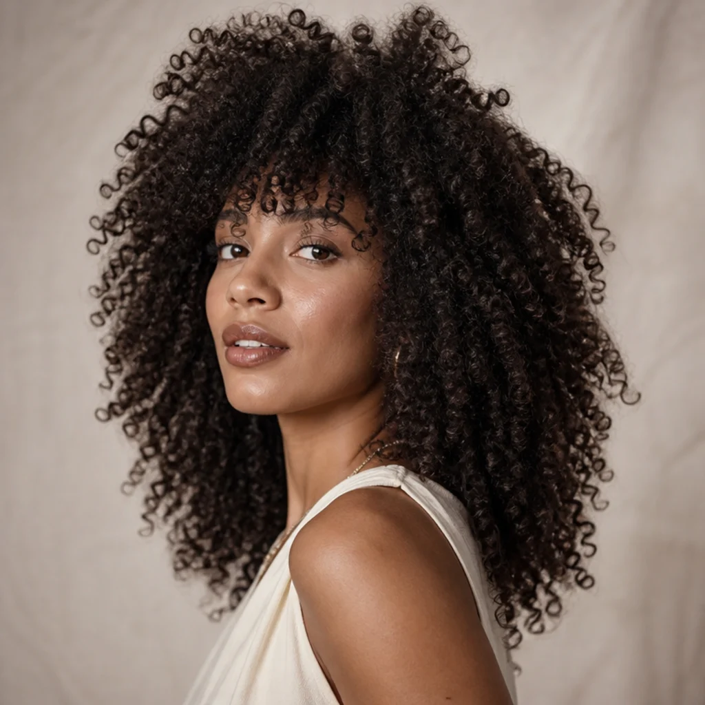 Three-quarter view of a woman with coily 4A hair in a long shag, defined coils with layered volume shaped around the face