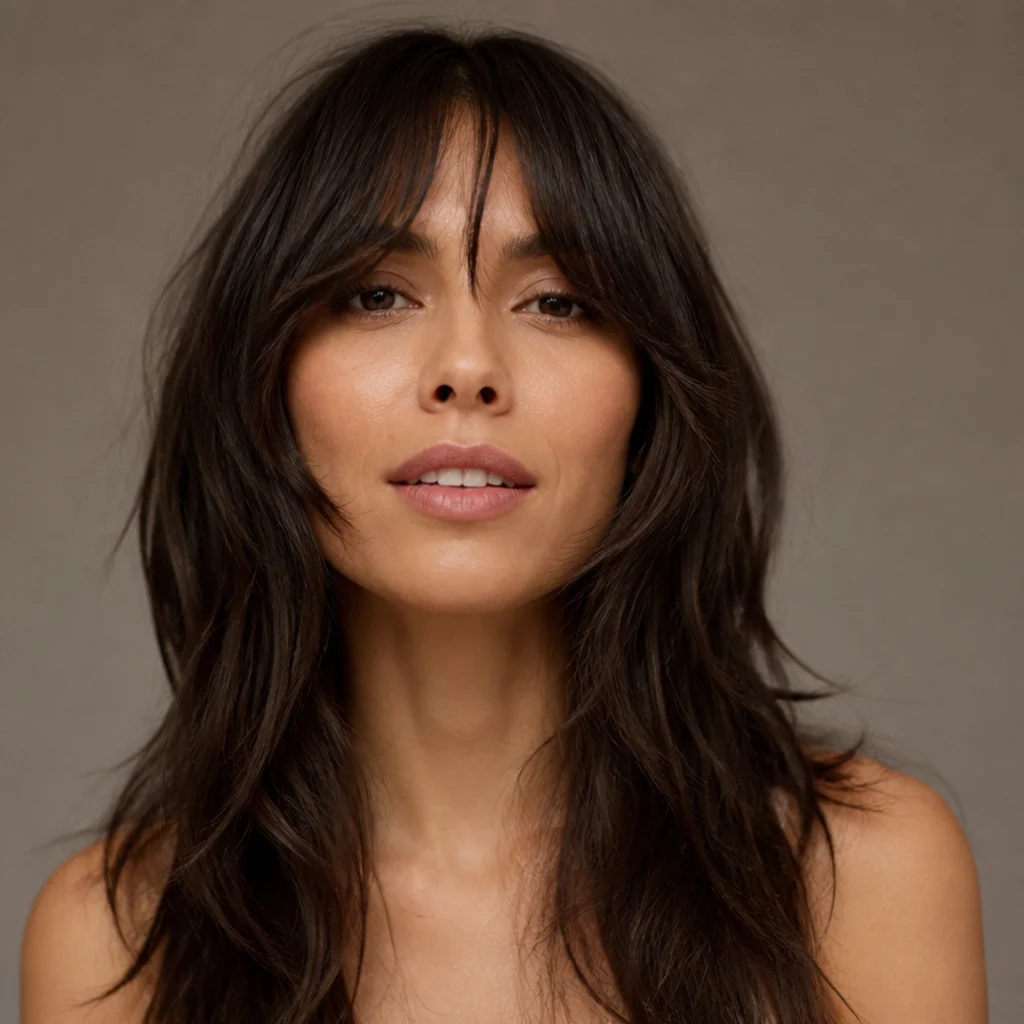 Front portrait of a woman with a long shag and wispy bottleneck bangs, narrow at the center and widening into face-framing pieces