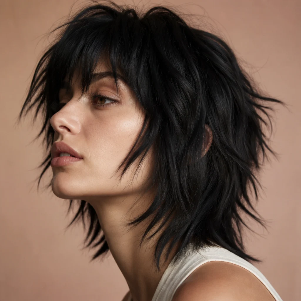 Side angle of a woman with a rocker shag, heavily razored piecey layers and a gritty, matte tousled finish in jet black