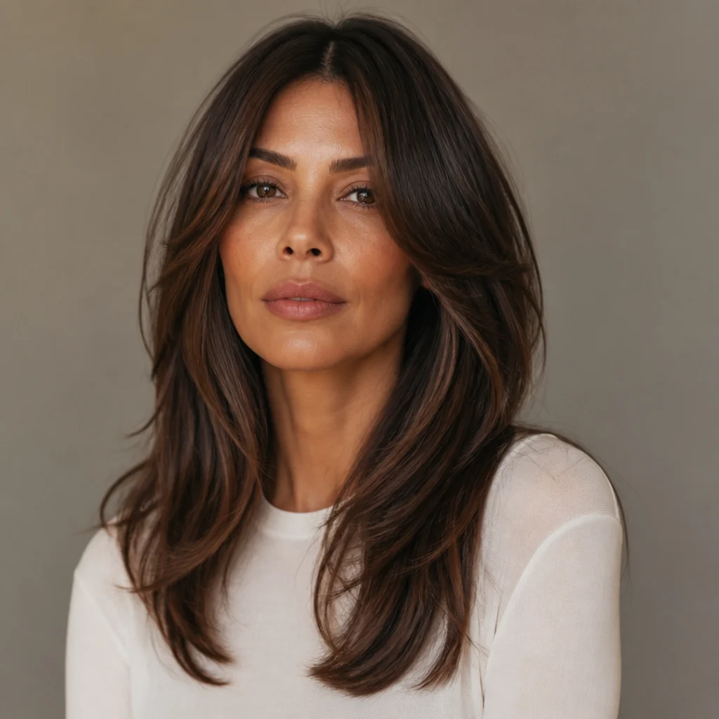 Front portrait of a woman with a sleek modern long shag, glossy smooth layers and a clean center part in rich chocolate brown