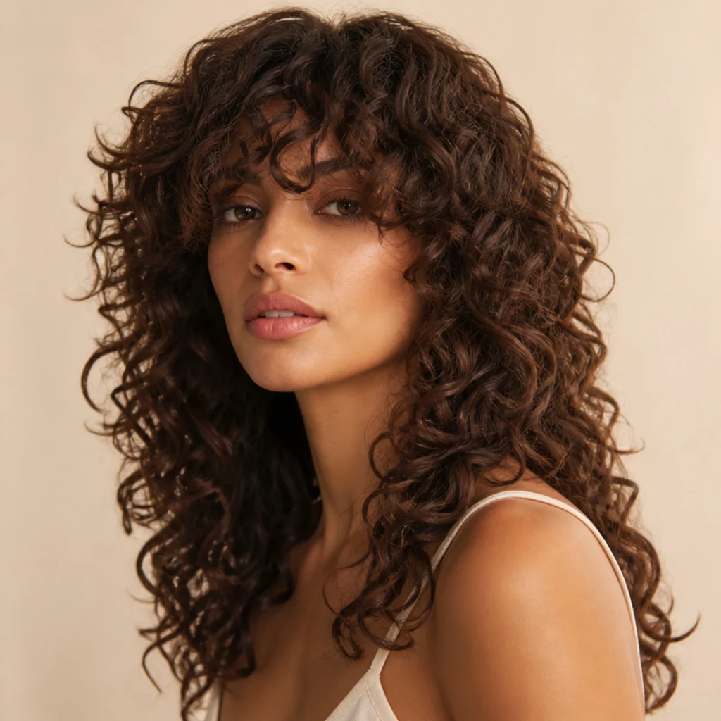 Three-quarter view of a woman with a long curly shag haircut and a curly curtain fringe parting softly over the forehead