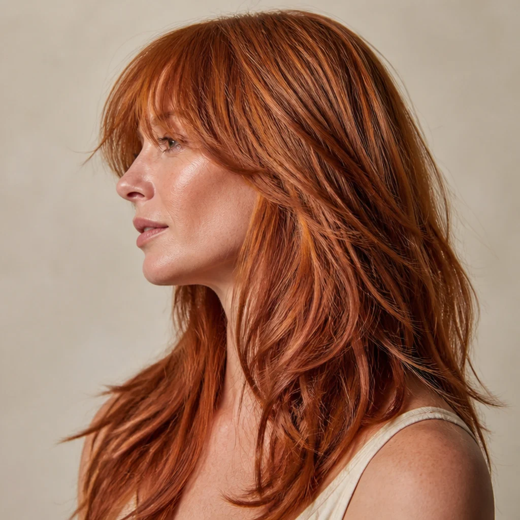 Side profile of a woman with a vivid copper long shag, sliced layers catching light through feathered, glossy ends