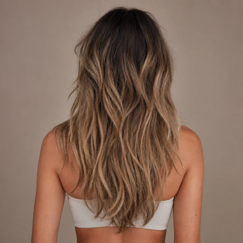 Back view of a woman with a long shag, dark shadow root melting into sun-kissed balayage through textured layers