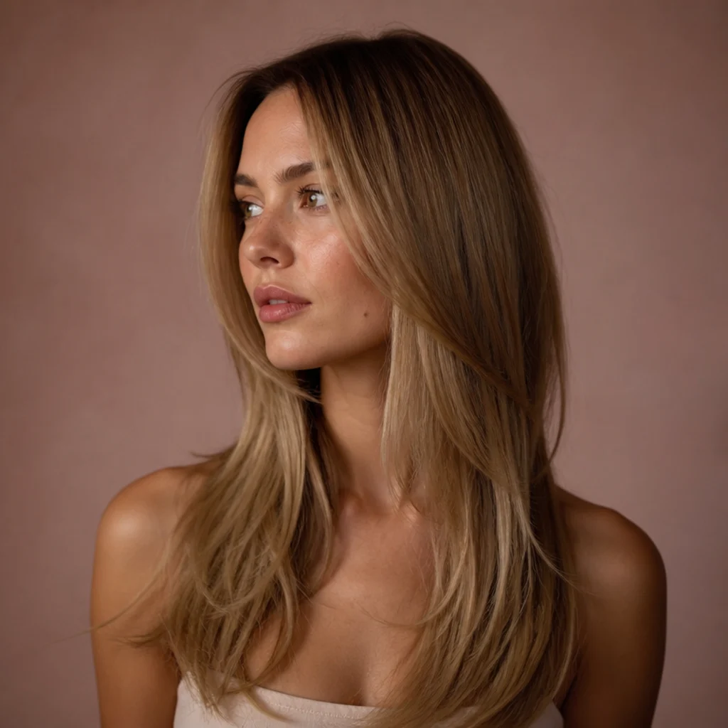Three-quarter view of a woman with long shag straight hair and invisible layers, smooth movement in glossy dark blonde