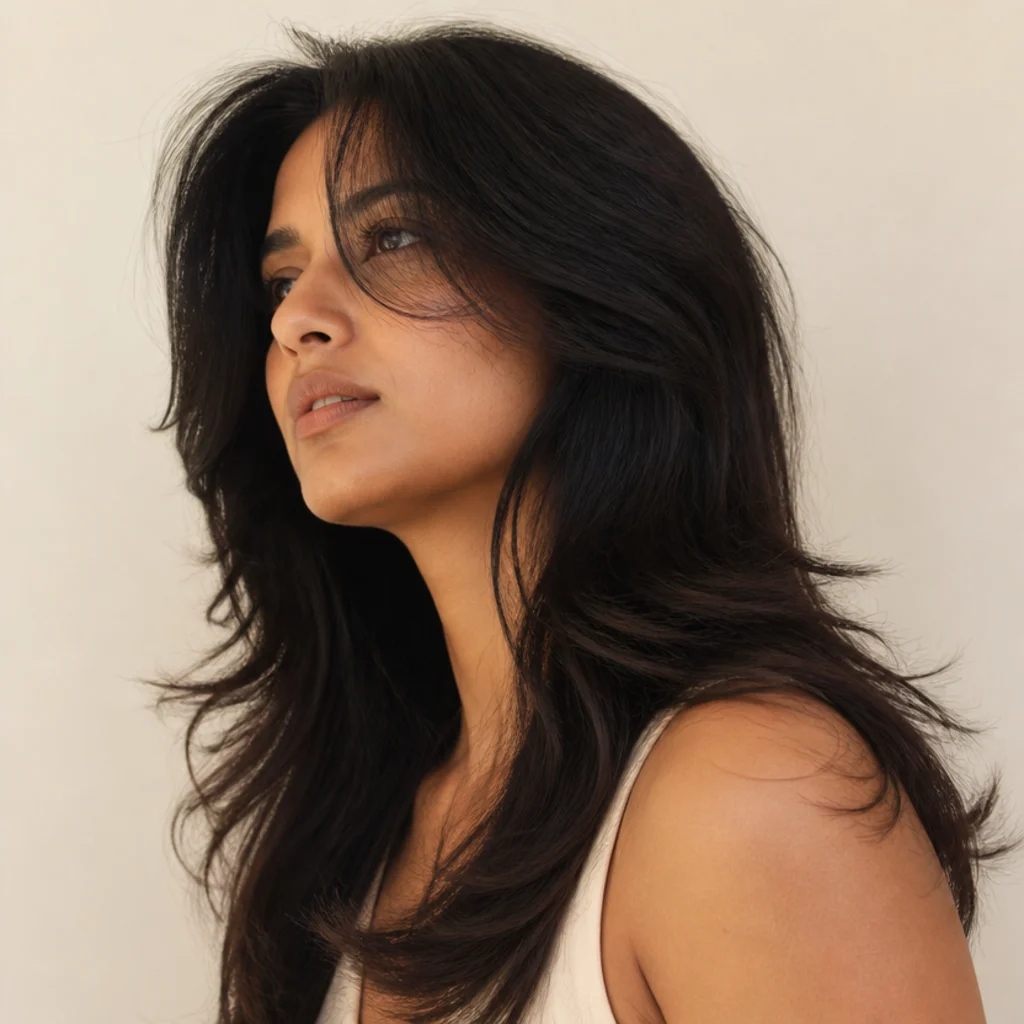 Side angle of a woman with coarse dark hair in a voluminous long shag, generous layers giving controlled, airy fullness