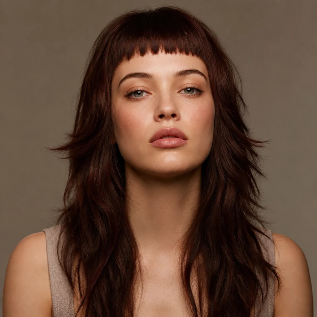 Front-facing portrait of a woman with a long shag and a short micro fringe sitting high above the brows in dark auburn
