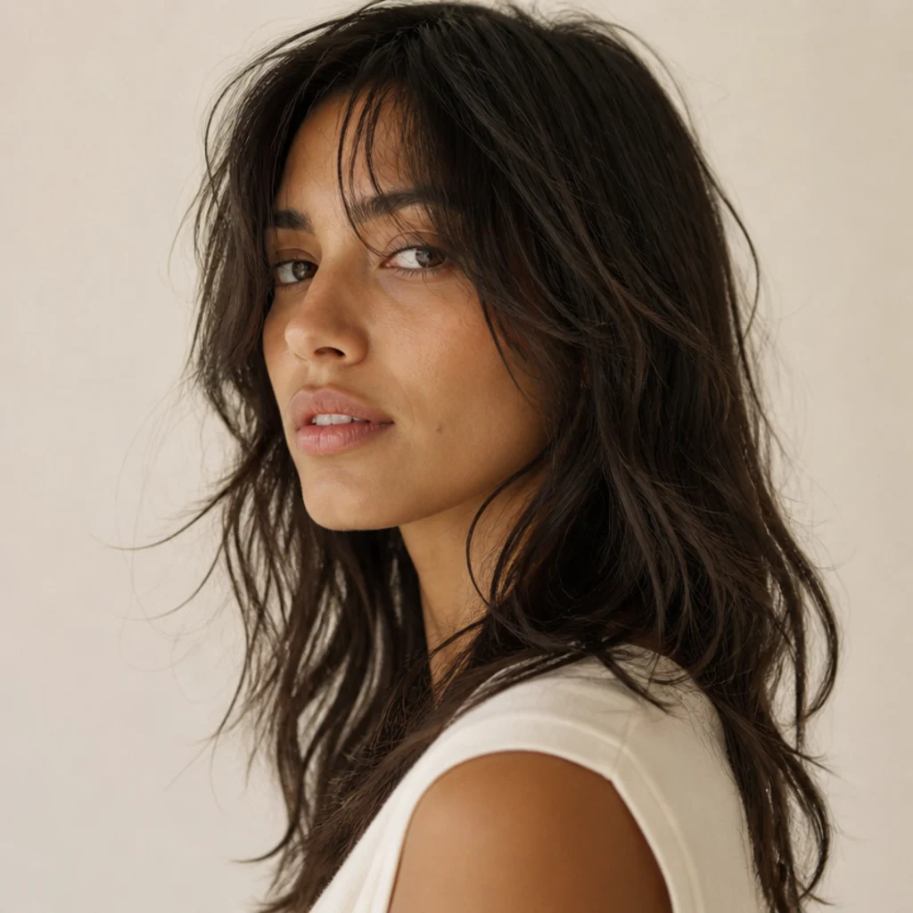 Three-quarter view of a woman with an undone cool-girl long shag, tousled piecey layers and a lived-in matte texture