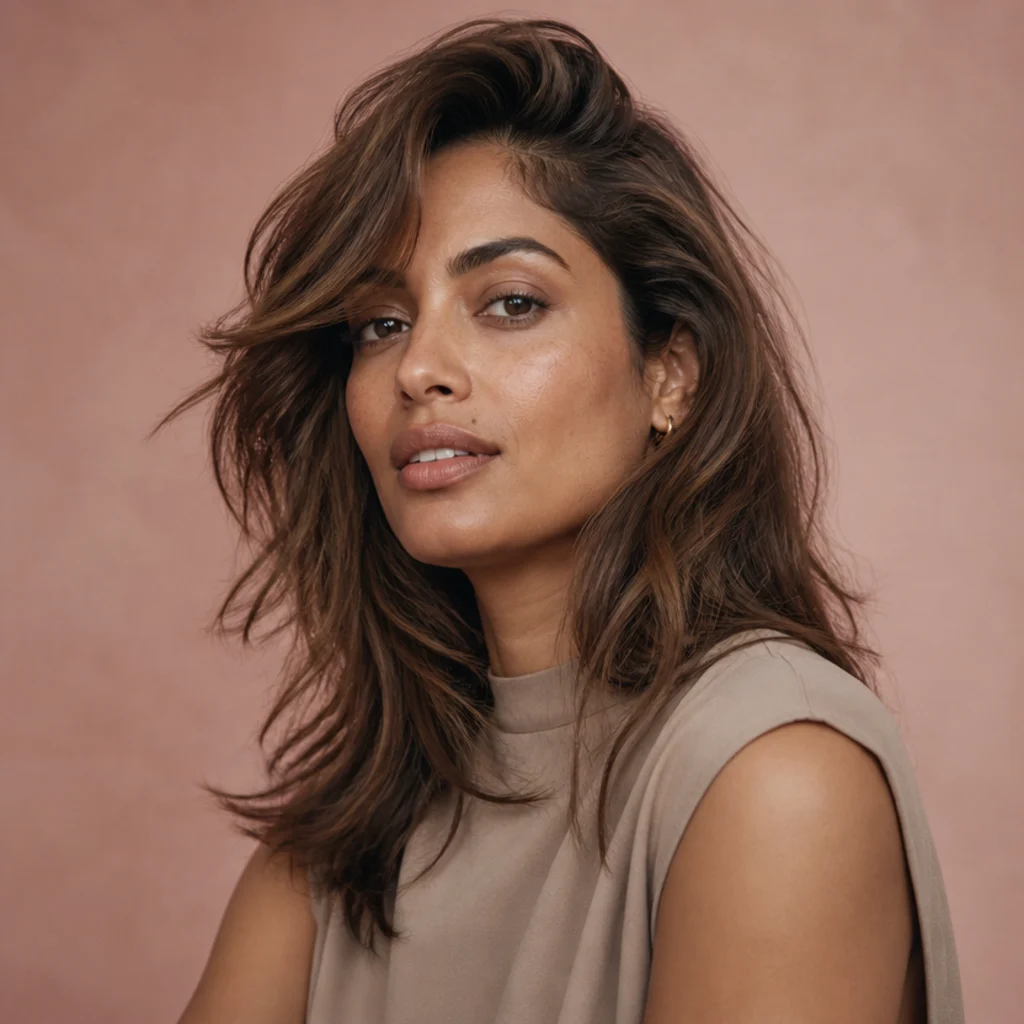 Side-parted portrait of a woman with a long shag swept over a deep side part, asymmetric face-framing layers in warm brown