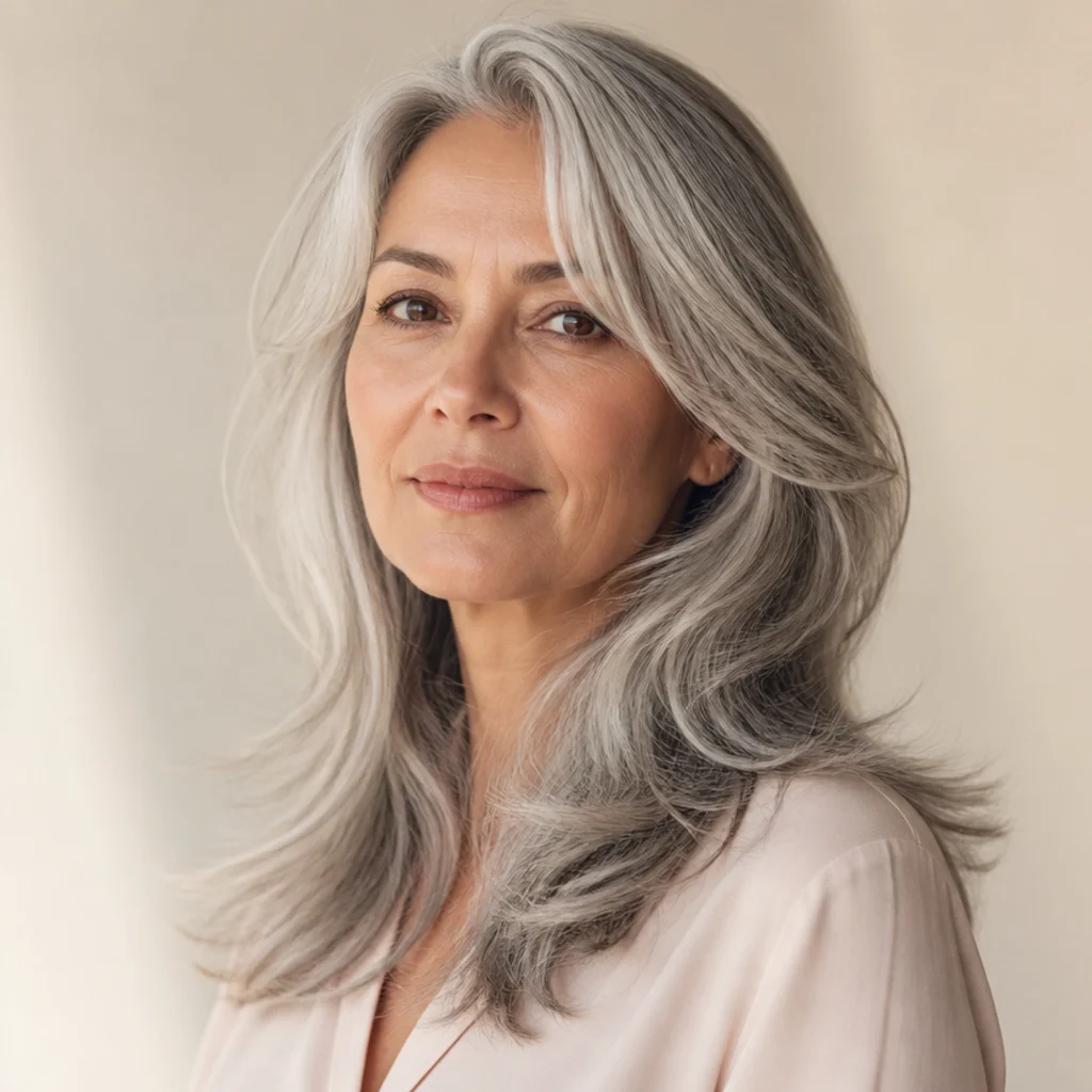 Three-quarter portrait of a woman with silver-gray hair in a soft long shag, gently feathered layers and a modern, elegant finish