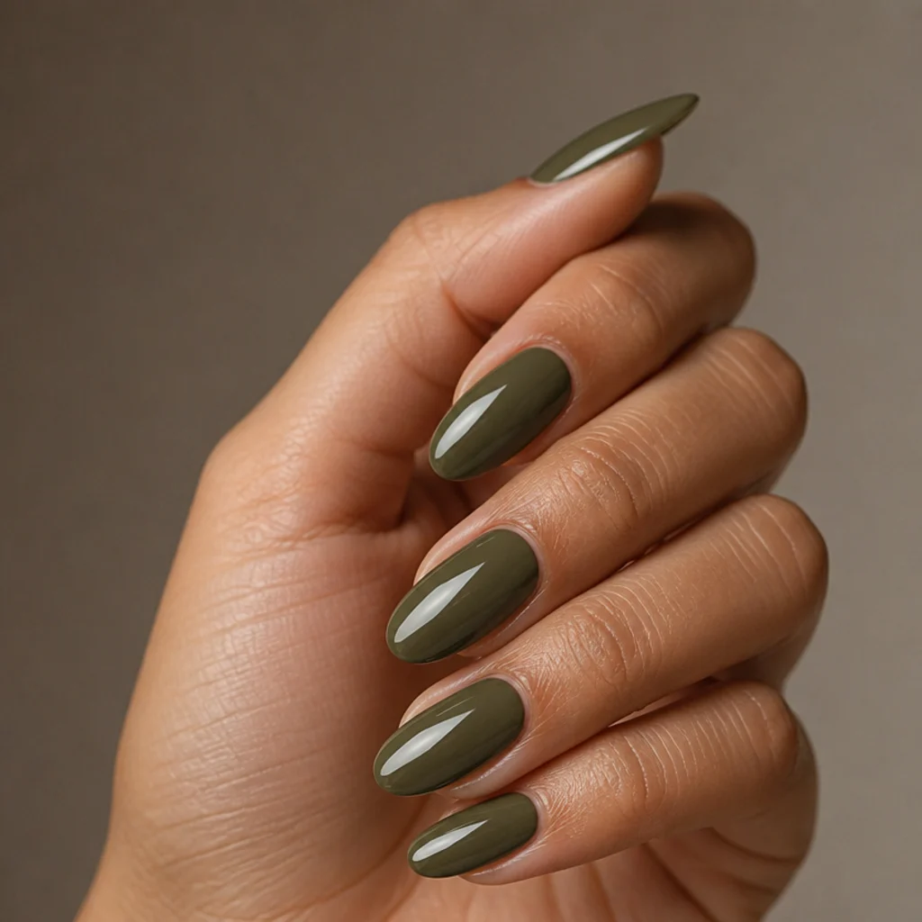 Almond nails in a rich grey-tinted dark olive green with a high-gloss finish on medium warm skin