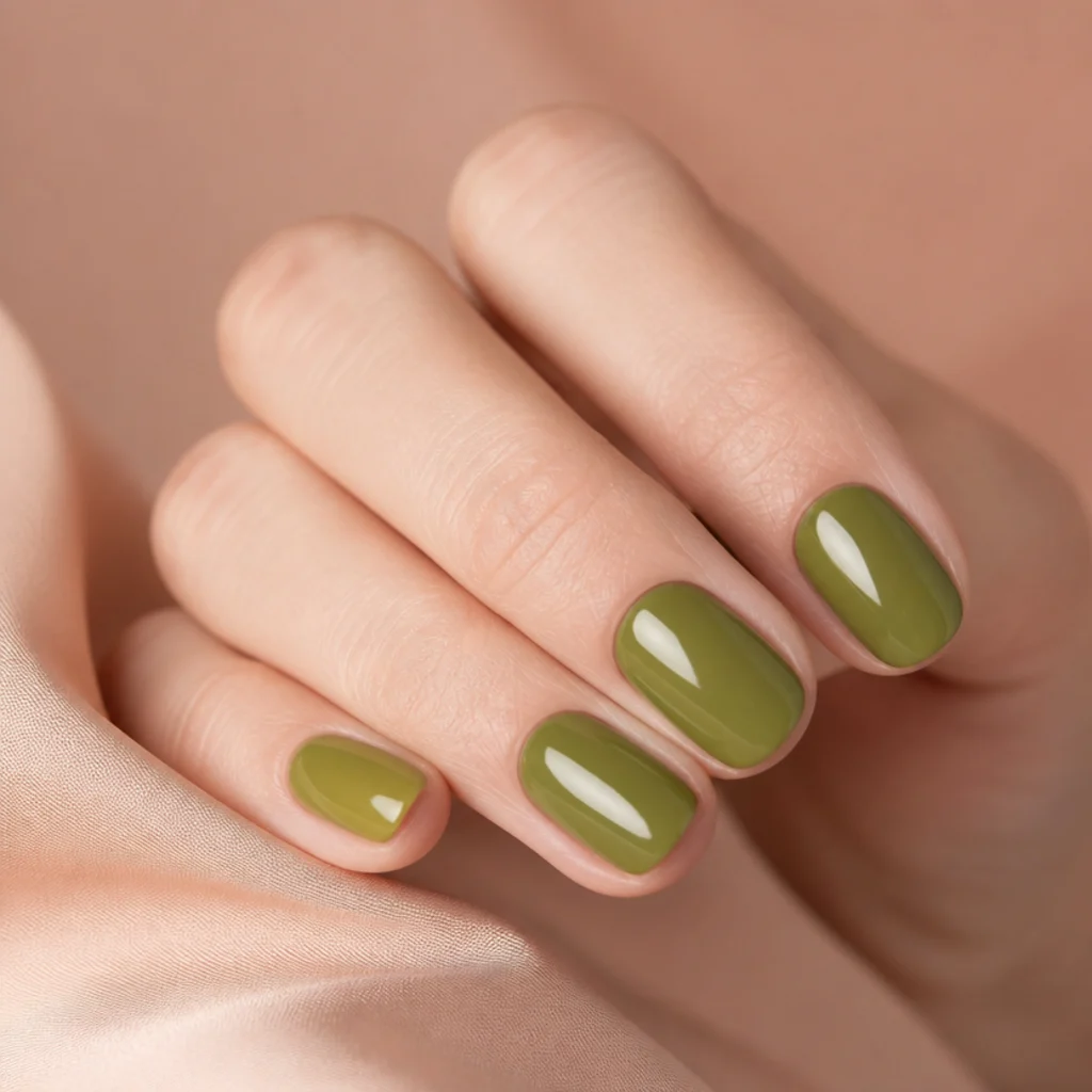 Short squoval nails painted a glossy medium olive green on fair skin with neatly pushed-back cuticles