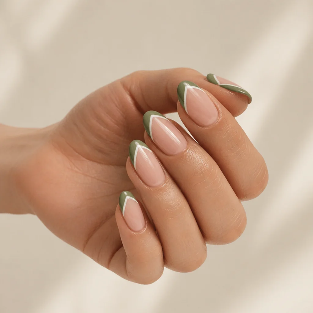 French manicure with olive green tips and a crisp white smile line on medium-length almond nails