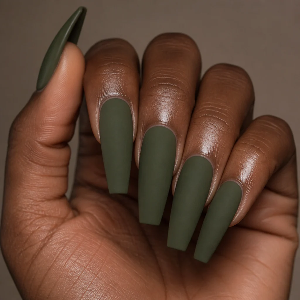 Long coffin nails in a deep matte army olive green with a suede-like flat finish on deep skin