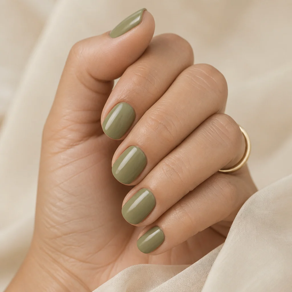 Soft light olive green sage nails in a short round shape on neutral skin