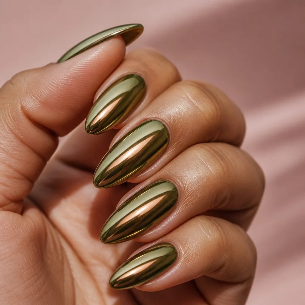 Almond nails with an olive green base buffed to a reflective bronze-green chrome mirror finish