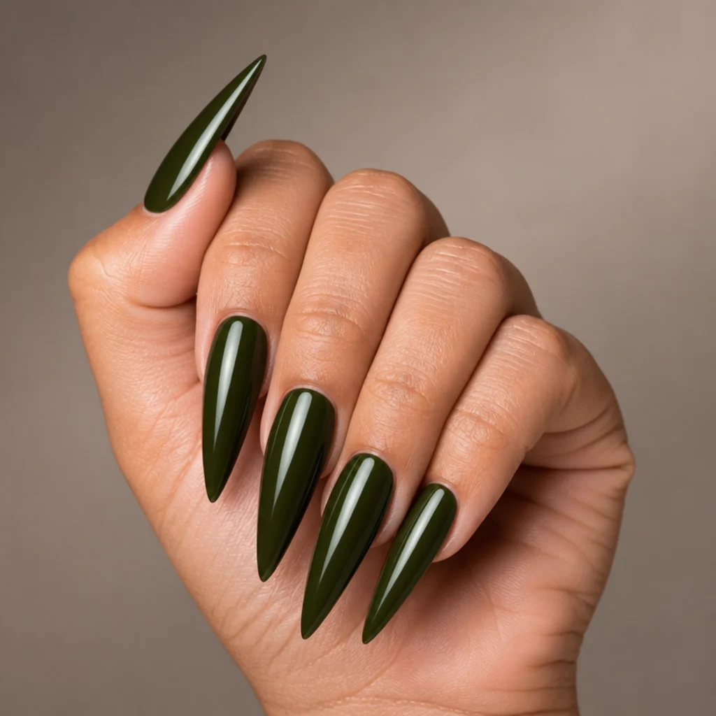Long stiletto acrylic nails in a glossy dark olive green with sharp points on medium skin