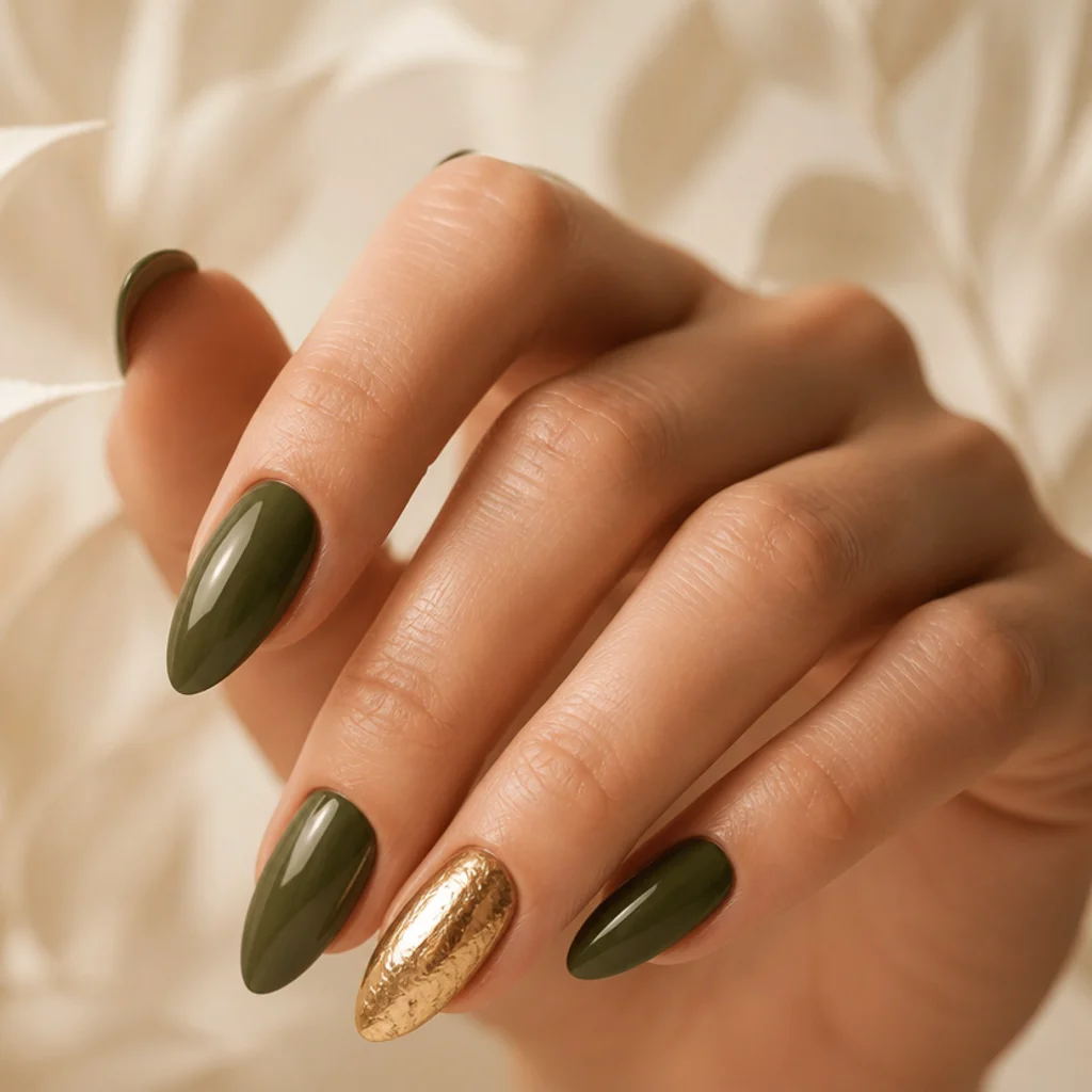 Olive green almond nails with a single hammered gold foil accent nail on the ring finger