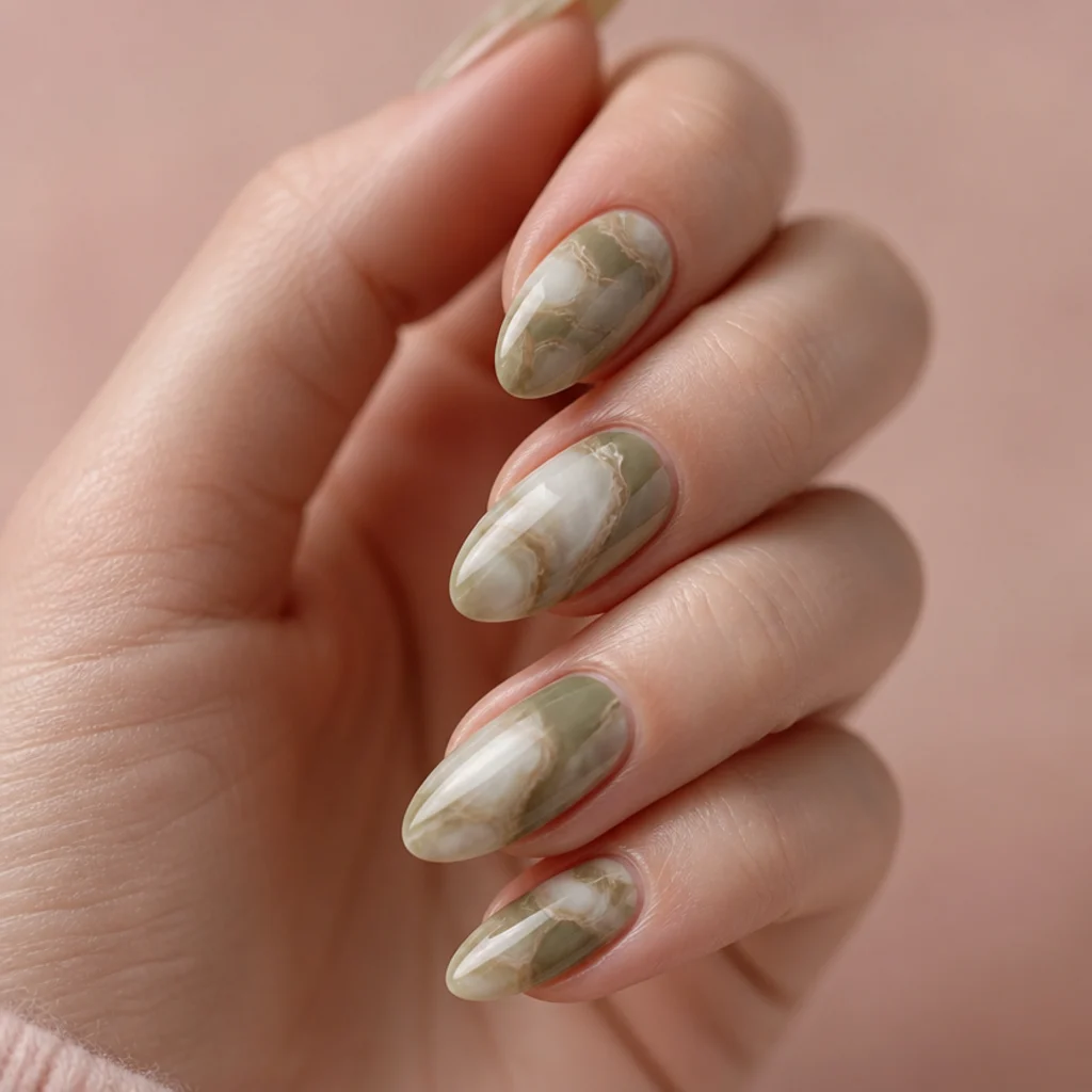 Almond nails with a soft olive green and cream marble swirl pattern on fair skin