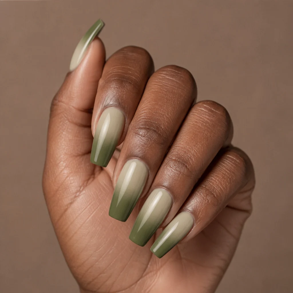 Ombre nails fading from cream at the cuticle to dark olive green at the tip on a coffin shape, deep skin