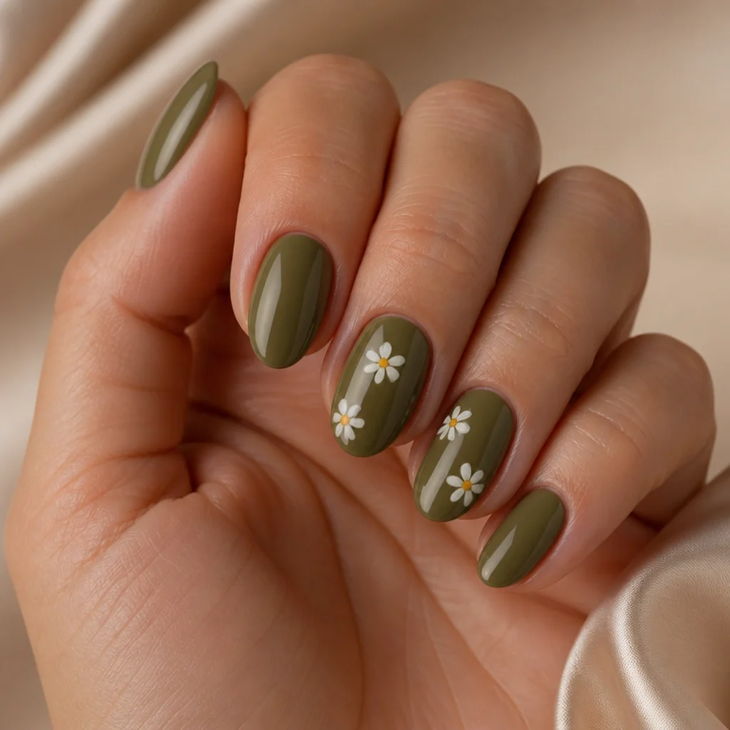 Short olive green nails with hand-painted tiny white and yellow daisy florals on an accent finger
