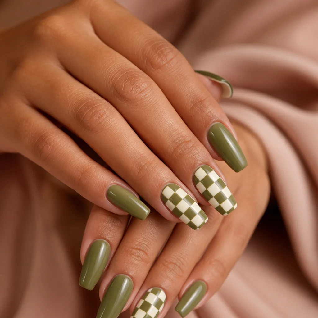 Coffin nails with a graphic olive green and white checkerboard pattern on medium skin