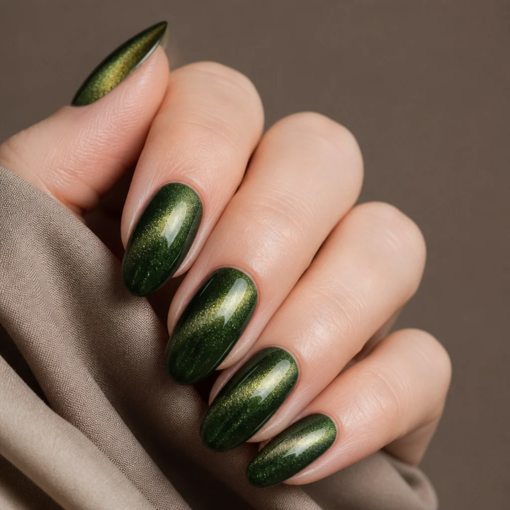 Almond nails in deep olive green with a magnetic velvet cat-eye shimmer band on fair skin