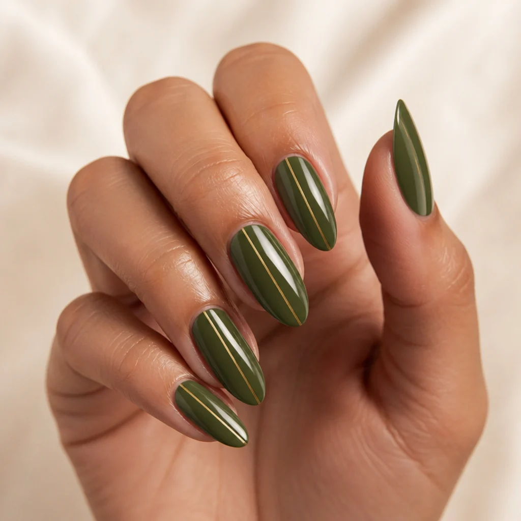 Almond nails in deep olive green with a single fine vertical gold line down the center, medium skin