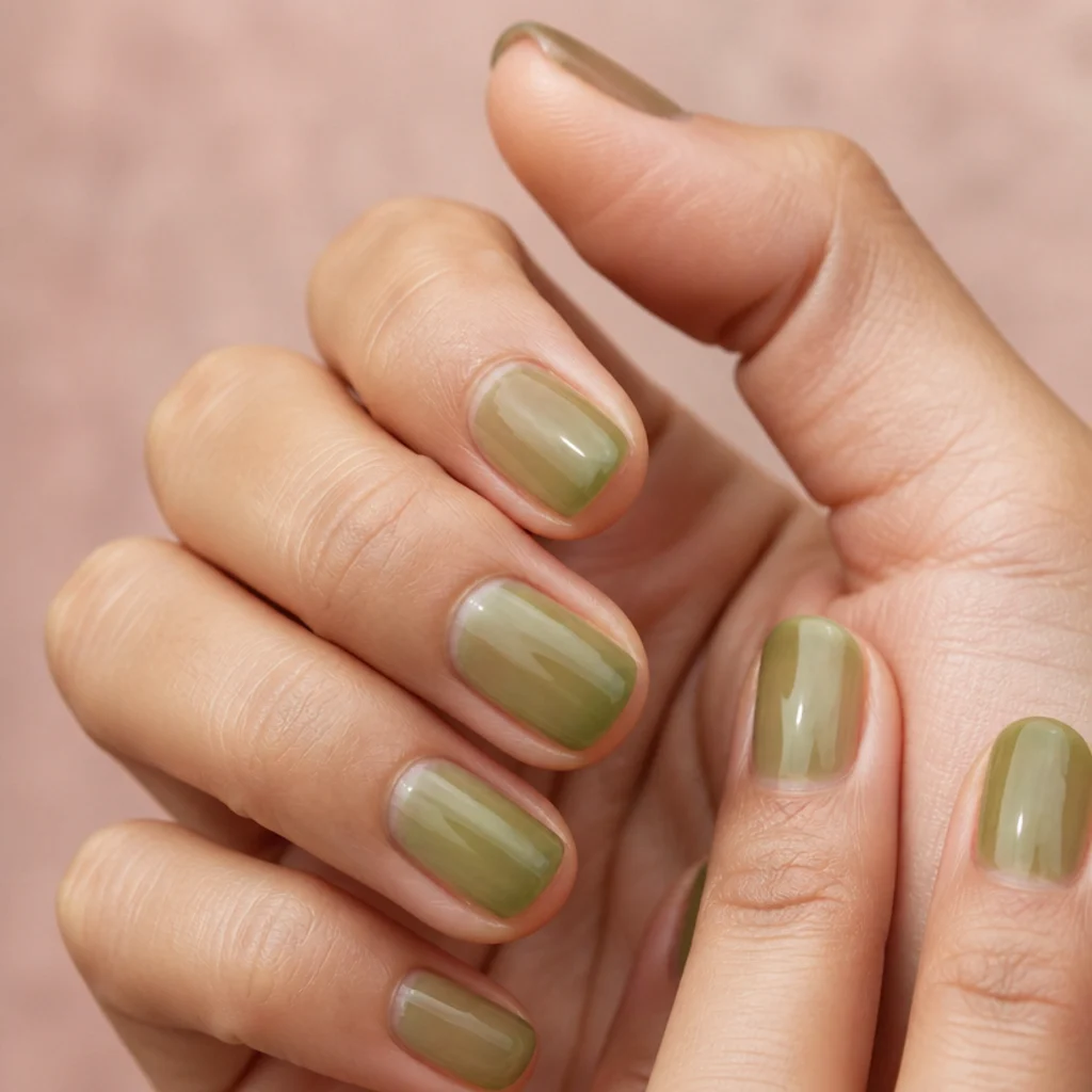 Short round nails with a sheer olive green jelly tint that lets the natural nail show through