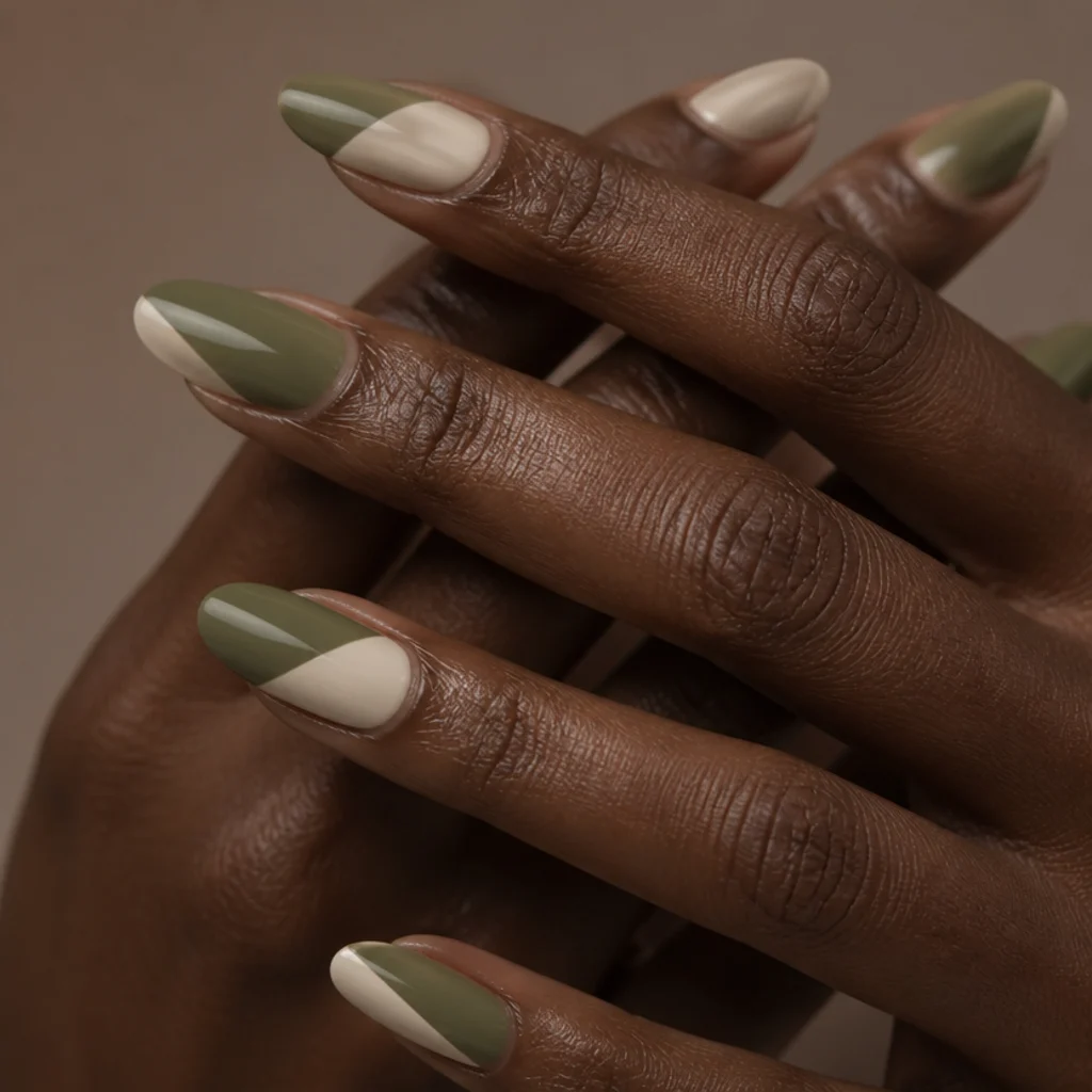 Almond nails with a clean half olive green and half warm cream color-block design on deep skin
