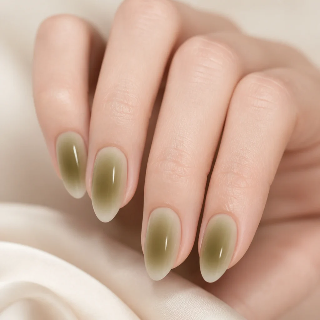 Almond nails with an olive green aura airbrush glow radiating softly from the center on fair skin