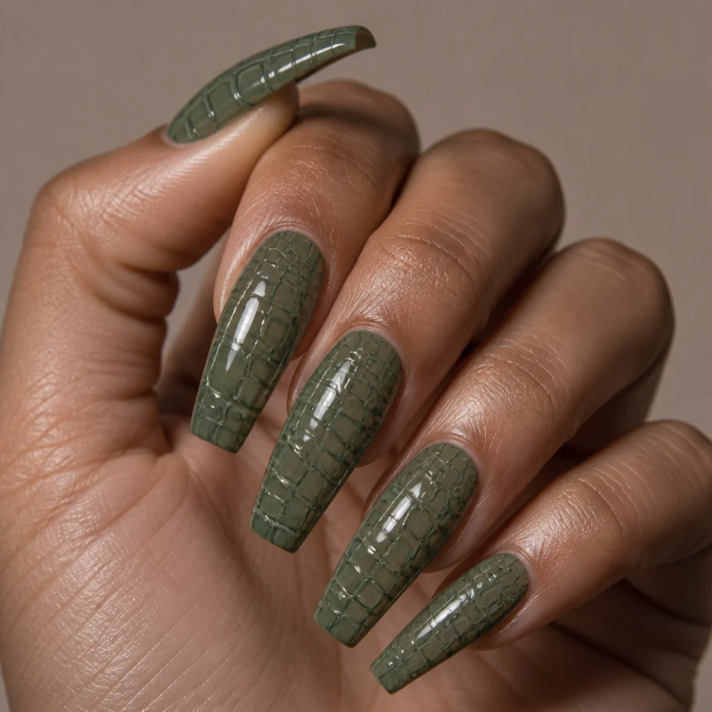 Coffin nails with a tonal olive green crocodile-skin texture print on medium warm skin