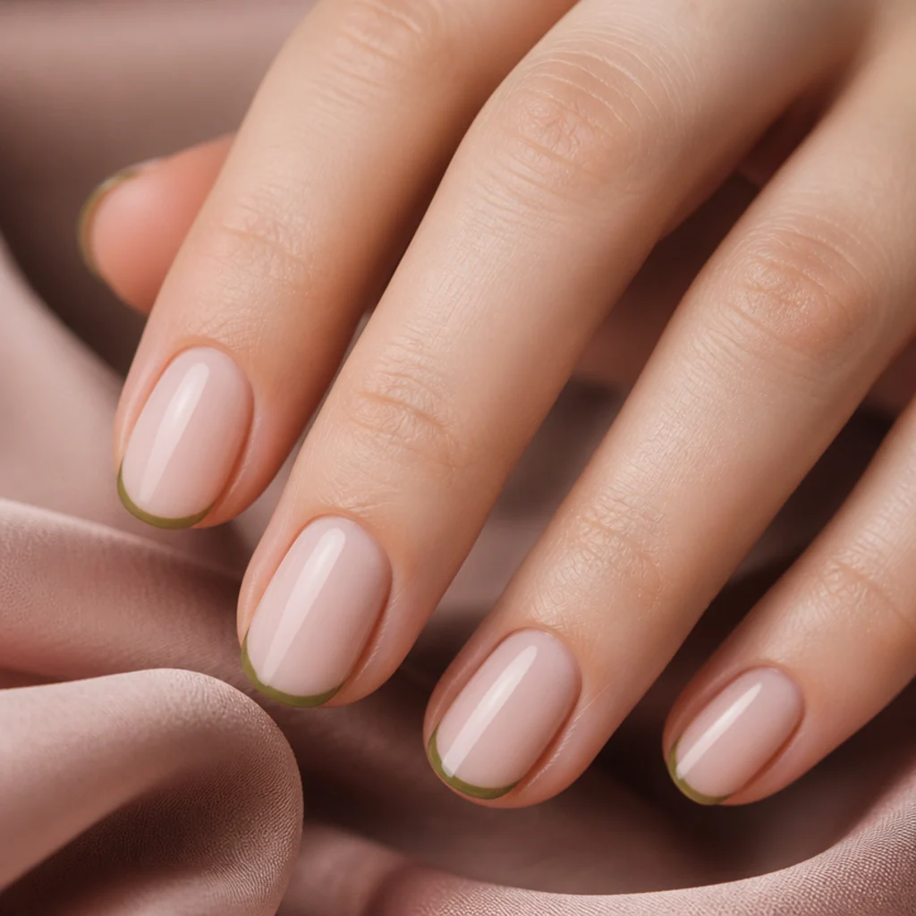 Short almond nails with a whisper-thin olive green micro-French tip over a sheer nude base on fair skin