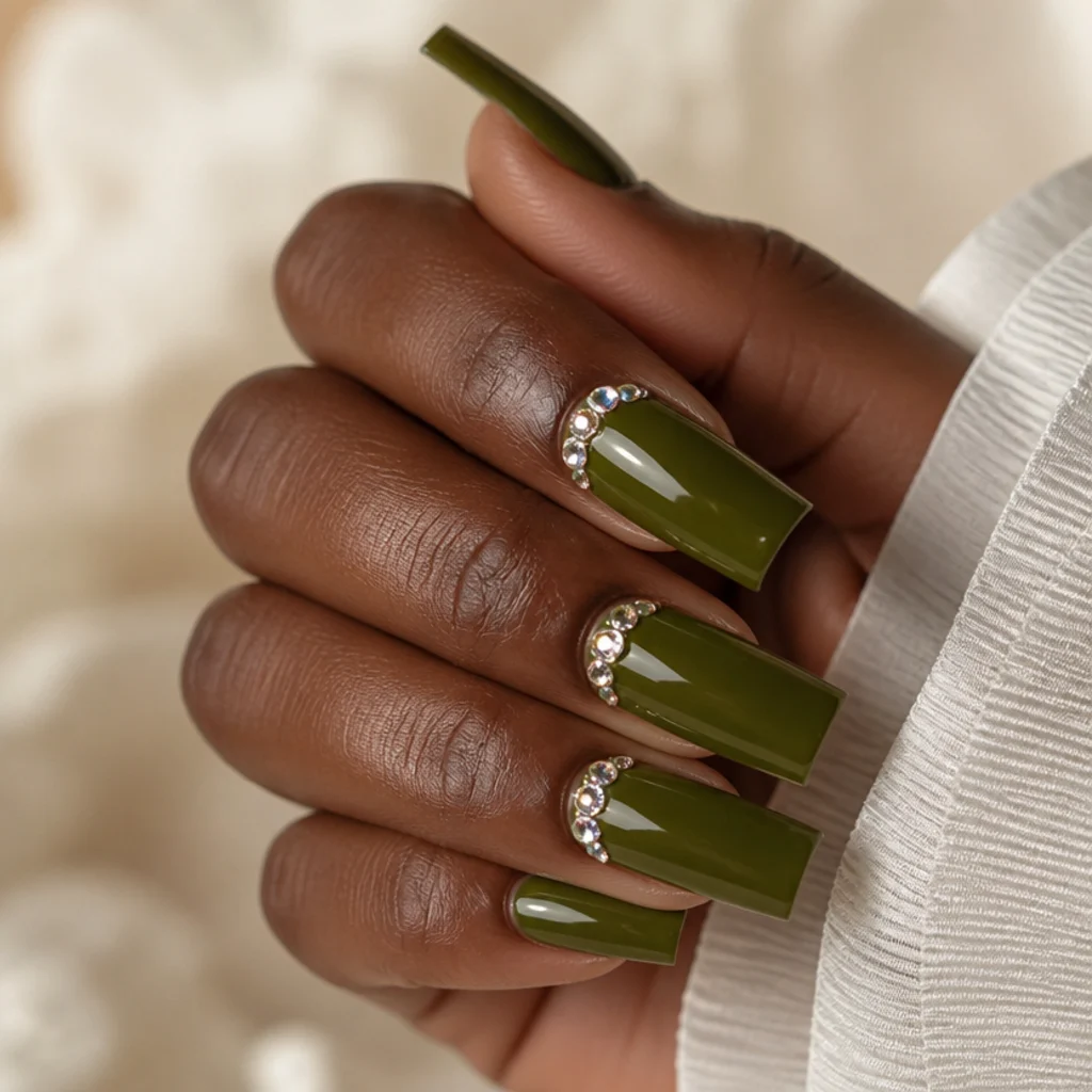 Square acrylic nails in deep olive green with scattered rhinestone accents near the cuticle on deep skin