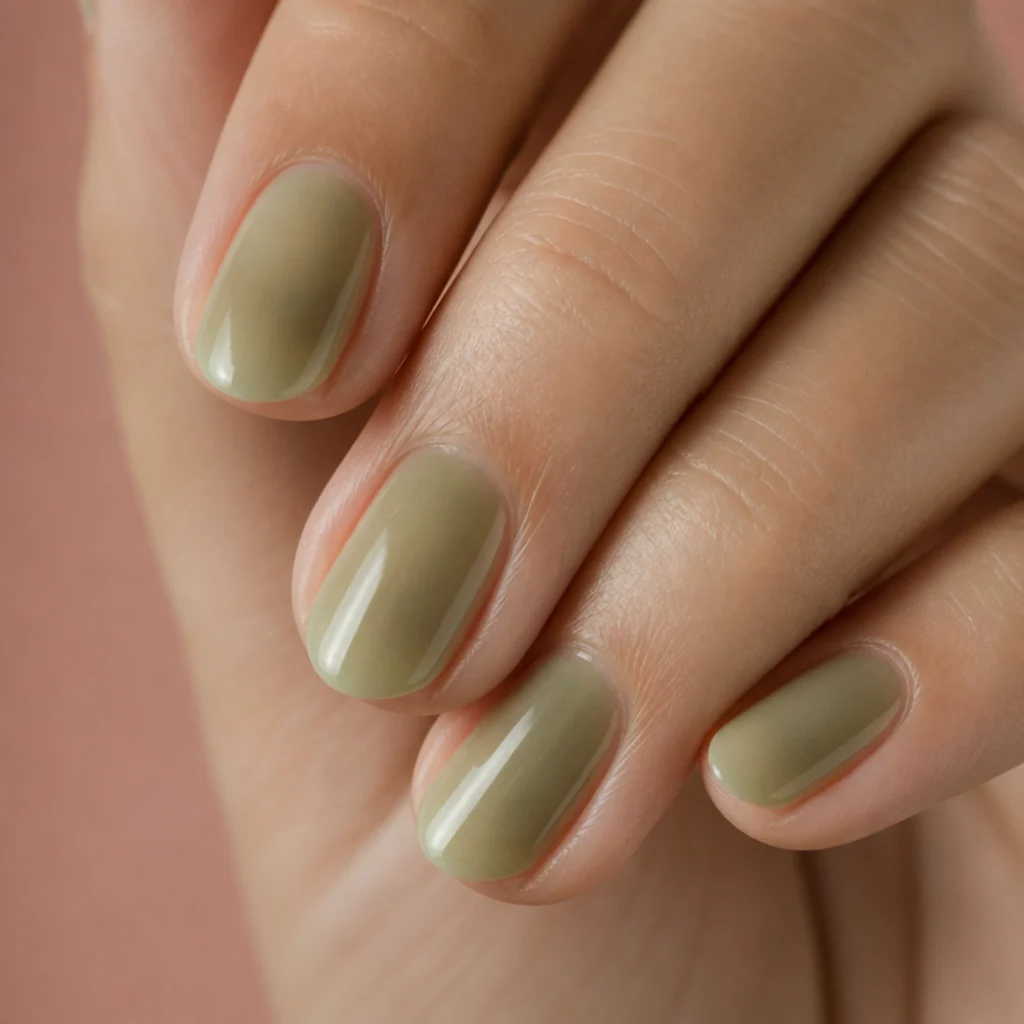 Short almond nails with a milky translucent olive green base on neutral skin