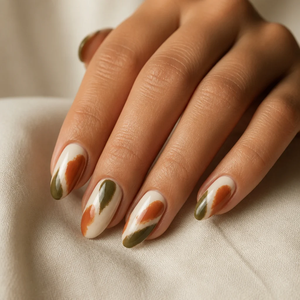 Almond nails with abstract olive green and terracotta brushstroke art over a cream base on medium skin