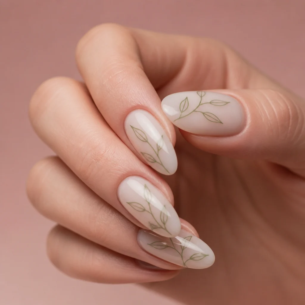 Almond nails with fine olive green leaf and vine line art over a sheer nude base on fair skin
