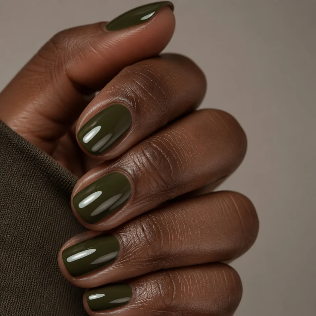 Short round nails in a glossy deep olive green with a glass-like mirror shine on deep skin