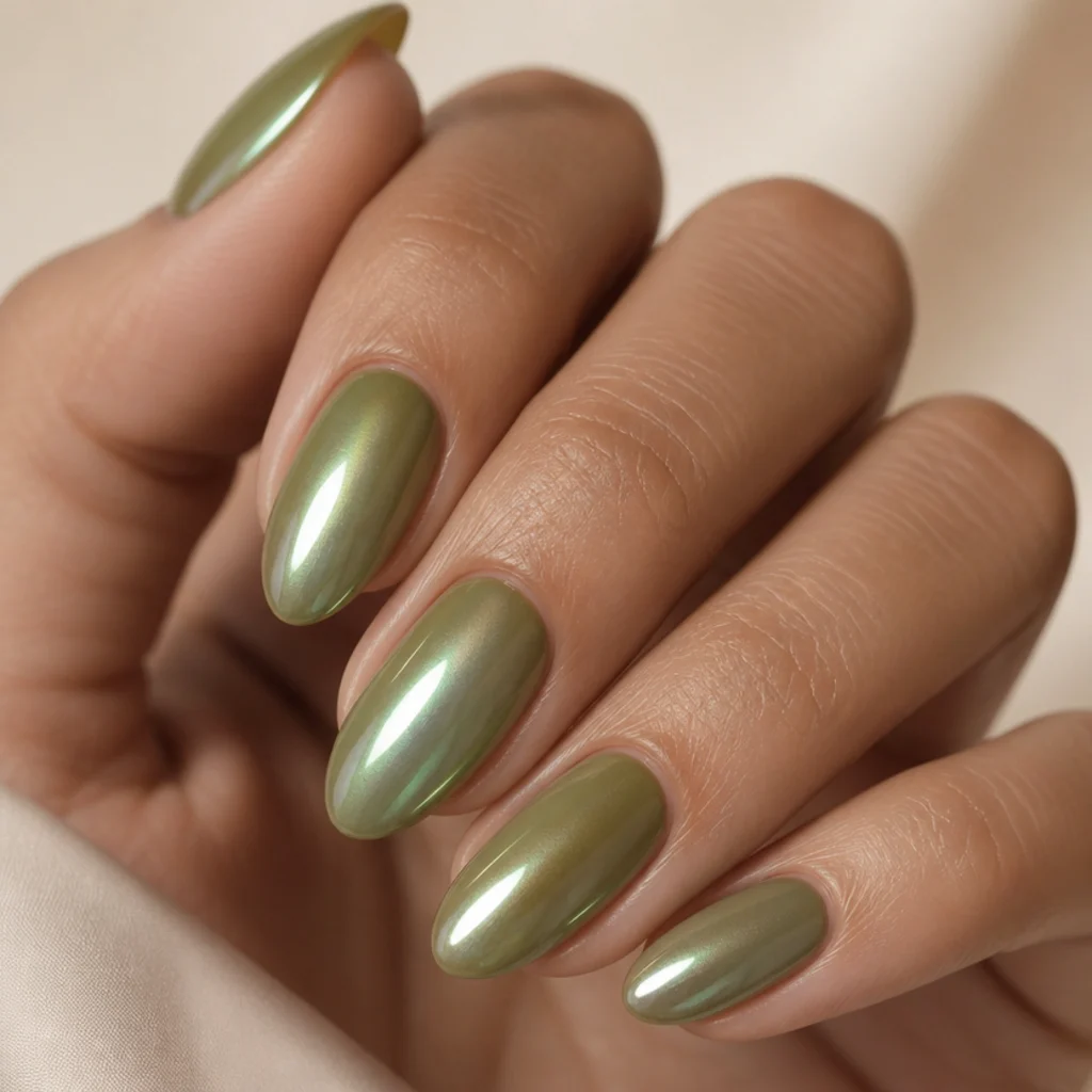 Almond nails with a pearlescent glazed olive green donut shimmer finish on neutral skin