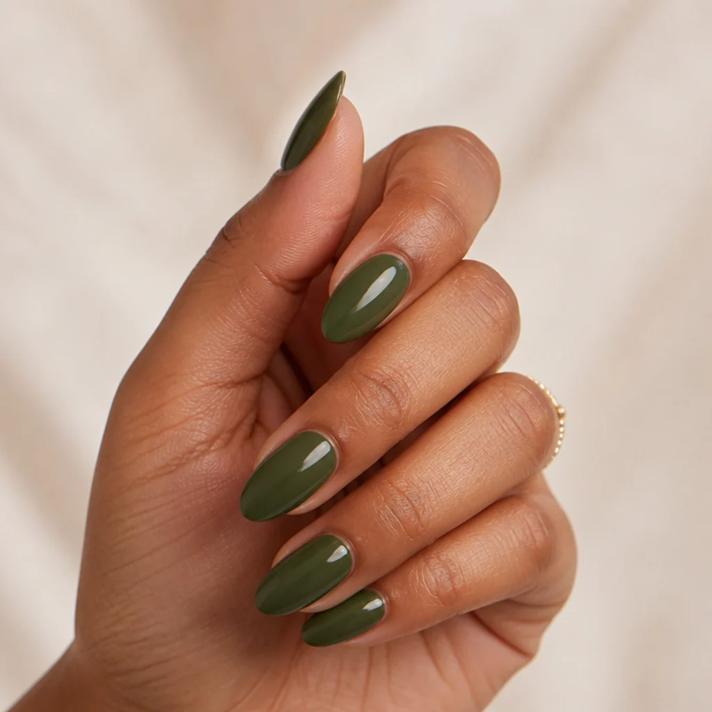 Close-up of almond nails painted in dark olive green with a soft glossy finish on warm ivory background