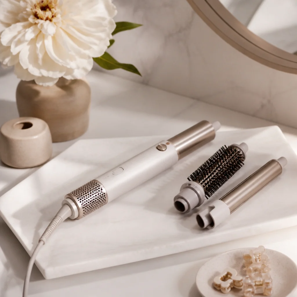 White marble tray holding a premium multi-styler handle laid diagonally with three attachments lined up beside a small clip dish on an ivory vanity