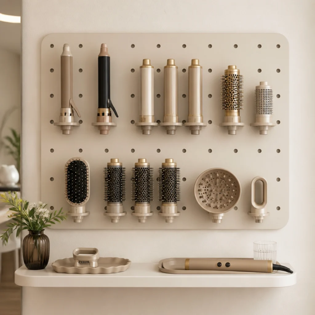 Ivory wall panel with snug individual holders displaying multi-styler barrels and round brushes above a slim floating vanity shelf