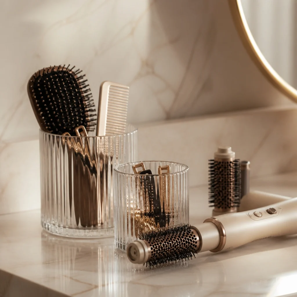Fluted glass canisters at varied heights holding brushes, combs, and clips beside a multi-styler on a cream marble vanity