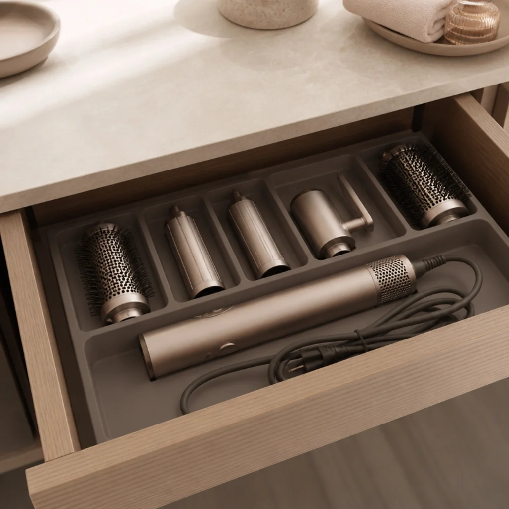 Open vanity drawer lined with a heat-resistant silicone mat holding a fully cooled styling tool, loosely coiled cord, and divided attachments