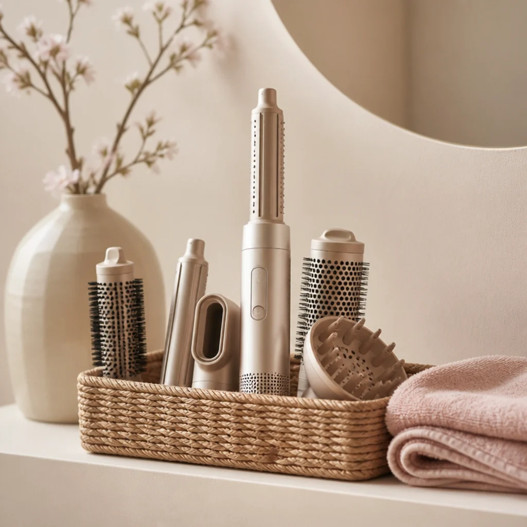 Shallow woven seagrass basket on an ivory shelf holding upright styling attachments with a folded soft blush towel nearby