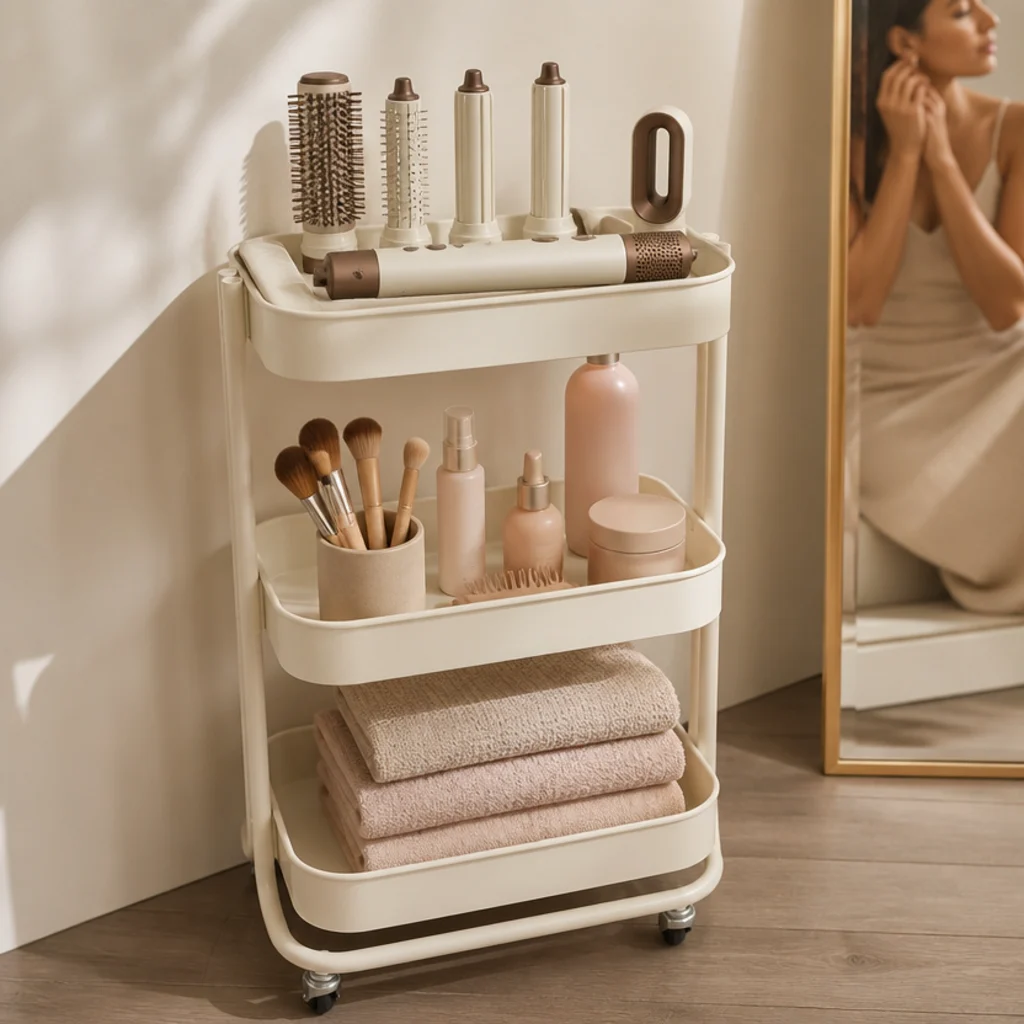 Three-tier rolling cart in matte cream holding a styling tool and attachments on top, brushes and product on the middle, folded towels below, beside a mirror